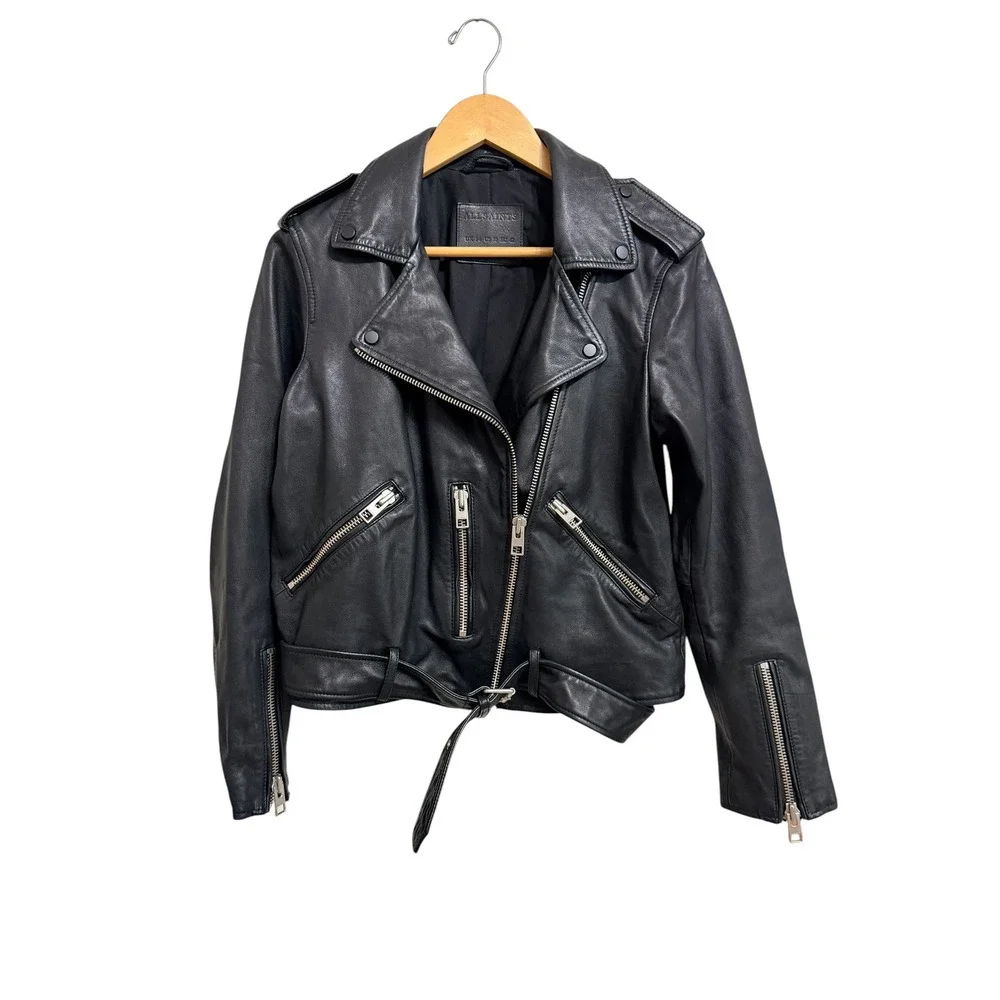 Edgy Moto AllSaints Balfern Sheep Leather‎ Biker Jacket Black size 10 $619